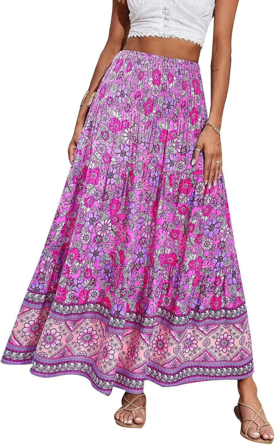 Women's 2025 Summer Bohemian Floral Printed Stretch Waist Tiered Pleated Swing Maxi Skirt with Pockets, S-2XL