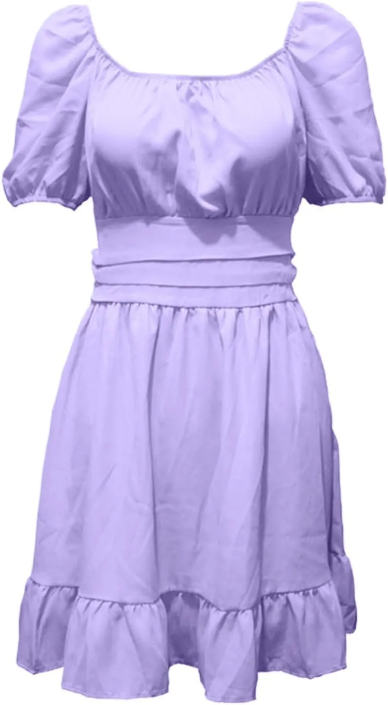 Women's 2025 Summer Dress Puff Short Sleeve Casual Elastic Waist Mini Dresses Tie Back Square Neck A-Line Sundress