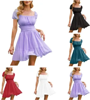 Women's 2025 Summer Dress Puff Short Sleeve Casual Elastic Waist Mini Dresses Tie Back Square Neck A-Line Sundress
