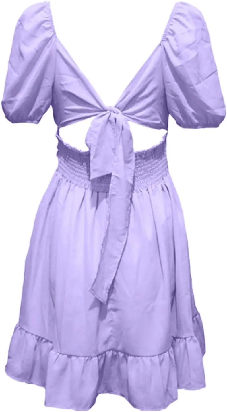 Women's 2025 Summer Dress Puff Short Sleeve Casual Elastic Waist Mini Dresses Tie Back Square Neck A-Line Sundress