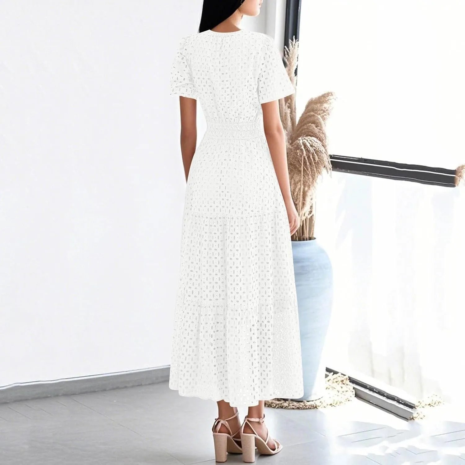 Womens 2025 Summer Maxi Dress Short Sleeve V Neck Hollow Out Eyelet A Line Long Flowy Beach Vacation Dresses