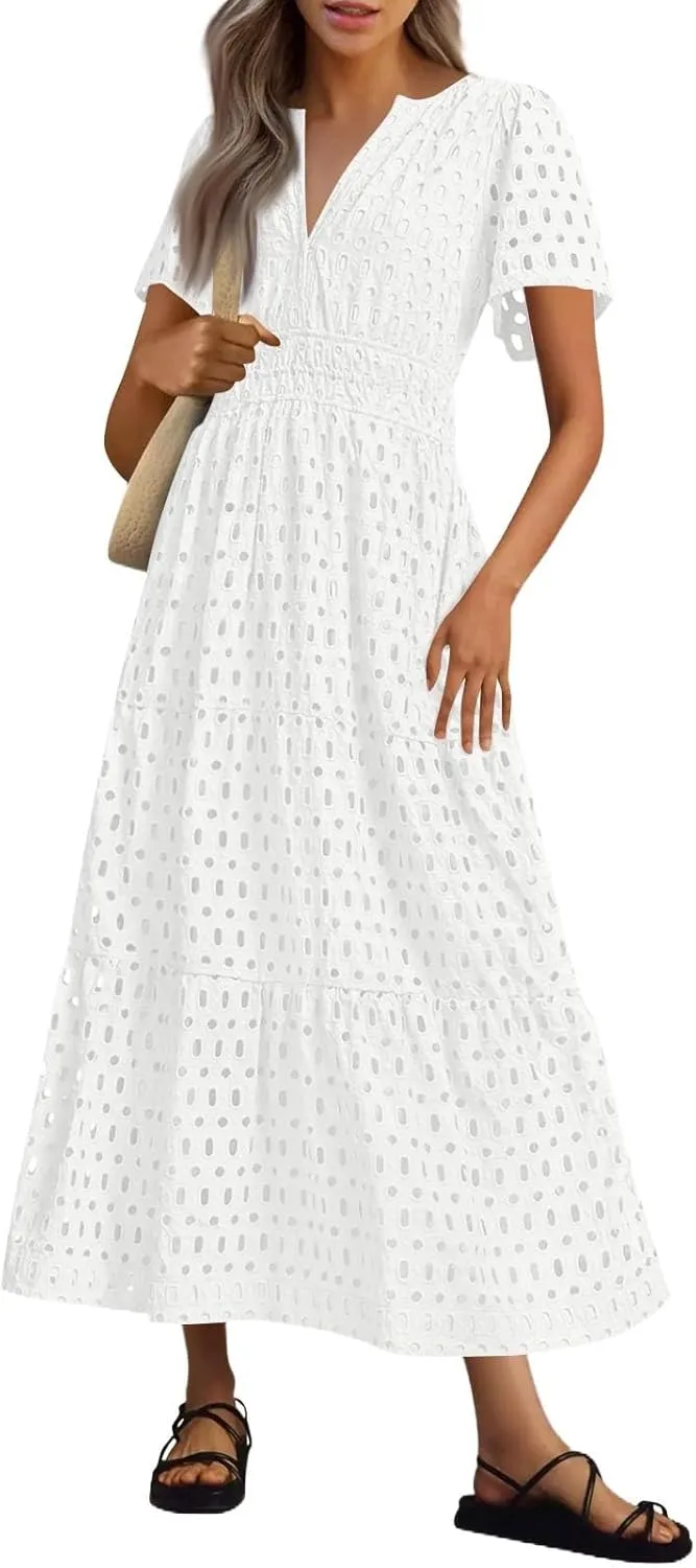 Womens 2025 Summer Maxi Dress Short Sleeve V Neck Hollow Out Eyelet A Line Long Flowy Beach Vacation Dresses