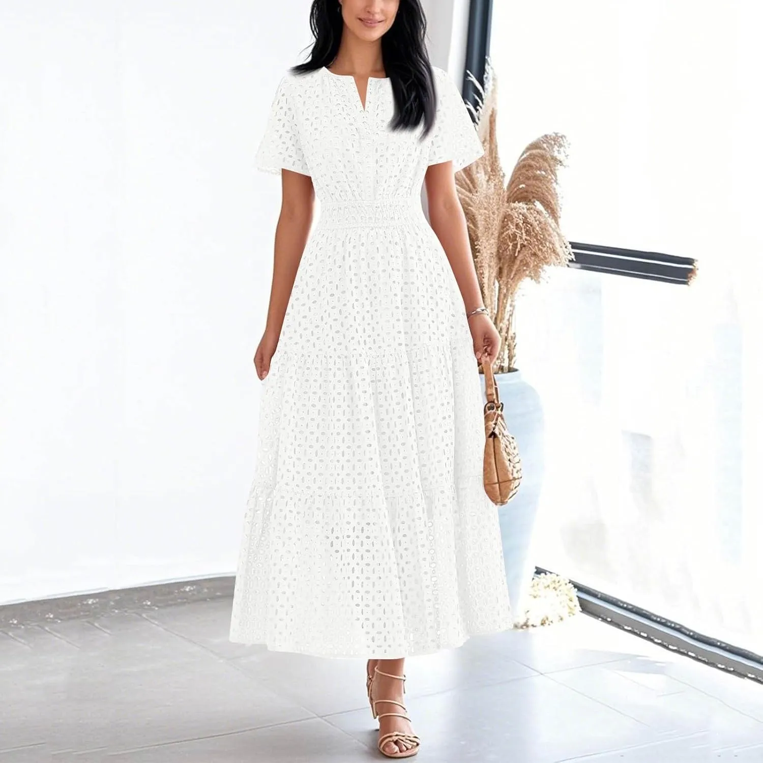 Womens 2025 Summer Maxi Dress Short Sleeve V Neck Hollow Out Eyelet A Line Long Flowy Beach Vacation Dresses