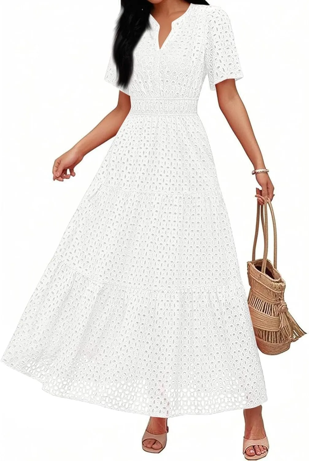 Womens 2025 Summer Maxi Dress Short Sleeve V Neck Hollow Out Eyelet A Line Long Flowy Beach Vacation Dresses