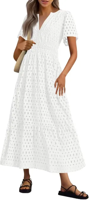 Womens 2025 Summer Maxi Dress Short Sleeve V Neck Hollow Out Eyelet A Line Long Flowy Beach Vacation Dresses
