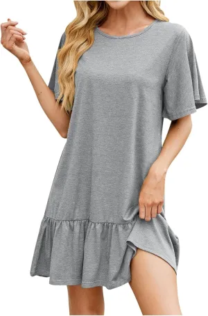 Women's 2025 Summer Mini Dresses Cute Ruffle Hem Loose Flowy Dress Short Sleeve Round Neck Casual Smock Dress