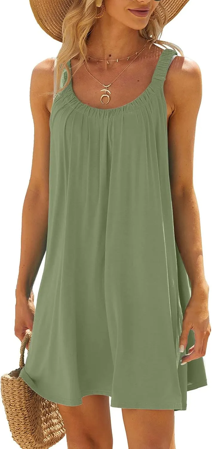 Women's 2025 Sun Dresses Summer Casual Mini Dress Elastic Straps Pleated Beach Dresses Comfy Loose Tank Dress