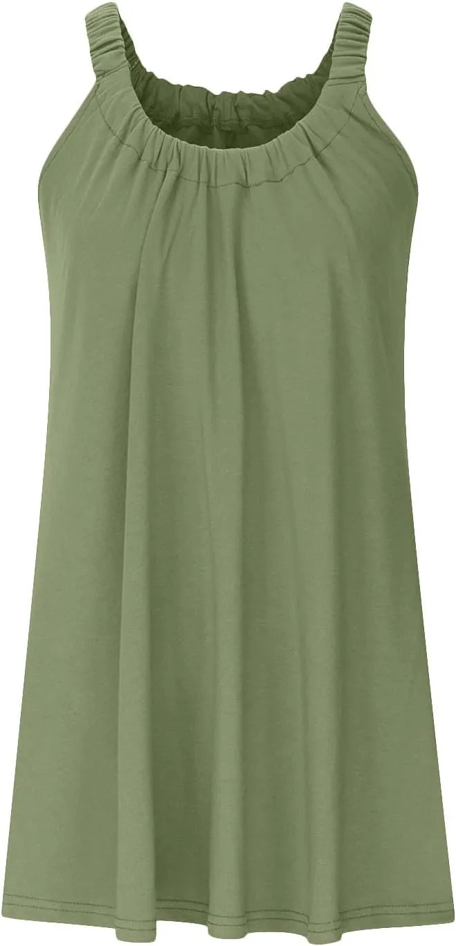 Women's 2025 Sun Dresses Summer Casual Mini Dress Elastic Straps Pleated Beach Dresses Comfy Loose Tank Dress