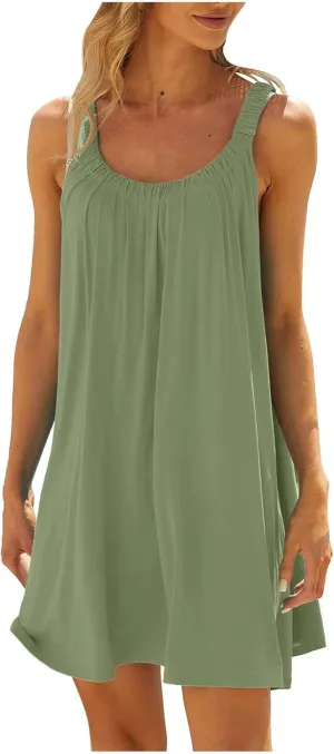 Women's 2025 Sun Dresses Summer Casual Mini Dress Elastic Straps Pleated Beach Dresses Comfy Loose Tank Dress
