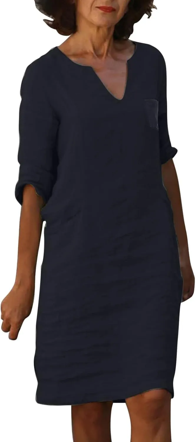 Womens 80% Cotton Dresses, 2024 Spring Summer Elegant Trendy V Neck 3/4 Sleeve Midi Dress, Casual Plain Beach Dress