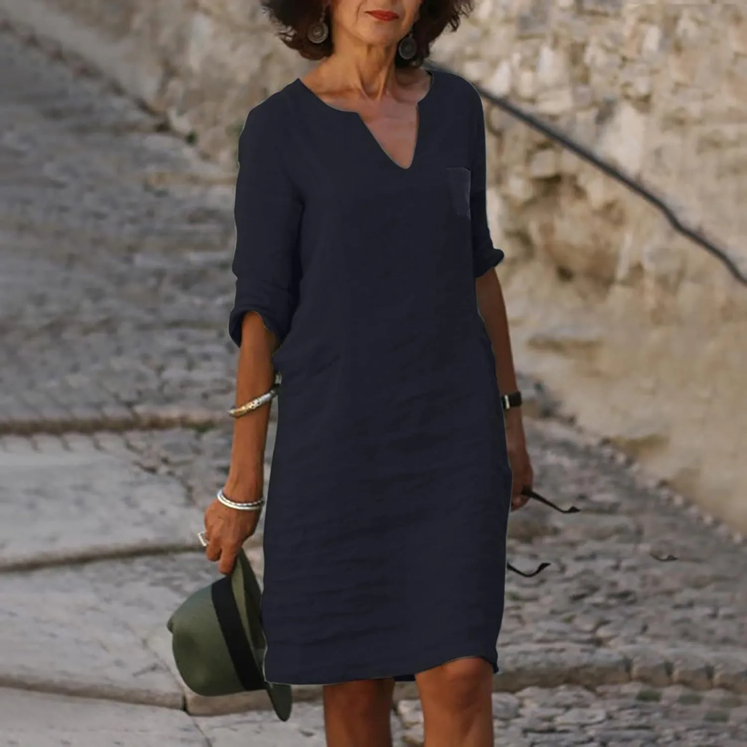 Womens 80% Cotton Dresses, 2024 Spring Summer Elegant Trendy V Neck 3/4 Sleeve Midi Dress, Casual Plain Beach Dress