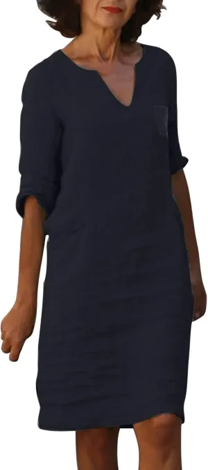 Womens 80% Cotton Dresses, 2024 Spring Summer Elegant Trendy V Neck 3/4 Sleeve Midi Dress, Casual Plain Beach Dress