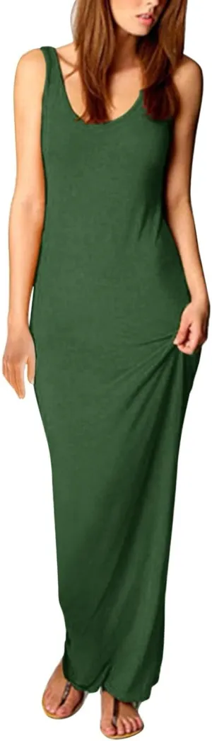 Womens Bodycon Dresses Plus Size Sleeveless Maxi Dress Elastic Solid Color Long Tank Sundress Summer Casual Outfits