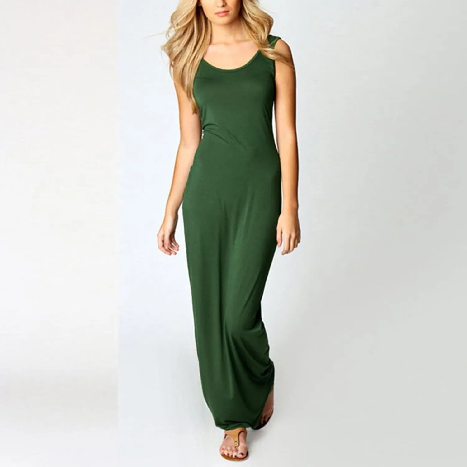 Womens Bodycon Dresses Plus Size Sleeveless Maxi Dress Elastic Solid Color Long Tank Sundress Summer Casual Outfits