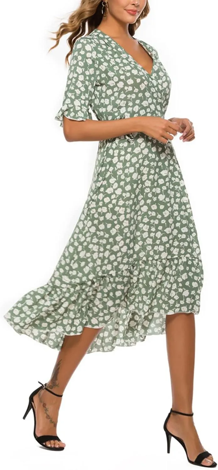 Womens Bohemian Floral Midi Dresses Short Sleeve V Neck Casual Ruffle Dress Side Split Dresses Summer Beach Vacation Outfits