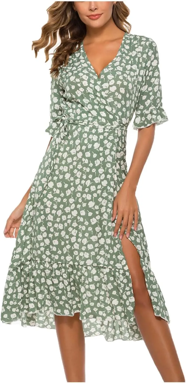 Womens Bohemian Floral Midi Dresses Short Sleeve V Neck Casual Ruffle Dress Side Split Dresses Summer Beach Vacation Outfits