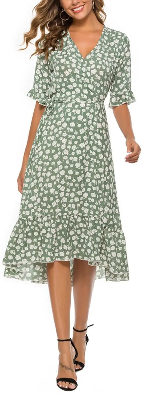 Womens Bohemian Floral Midi Dresses Short Sleeve V Neck Casual Ruffle Dress Side Split Dresses Summer Beach Vacation Outfits