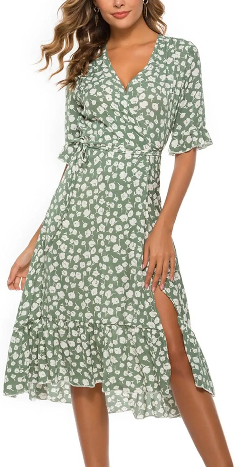 Womens Bohemian Floral Midi Dresses Short Sleeve V Neck Casual Ruffle Dress Side Split Dresses Summer Beach Vacation Outfits