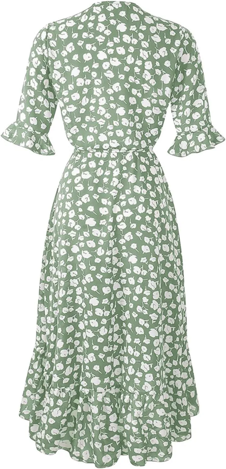 Womens Bohemian Floral Midi Dresses Short Sleeve V Neck Casual Ruffle Dress Side Split Dresses Summer Beach Vacation Outfits