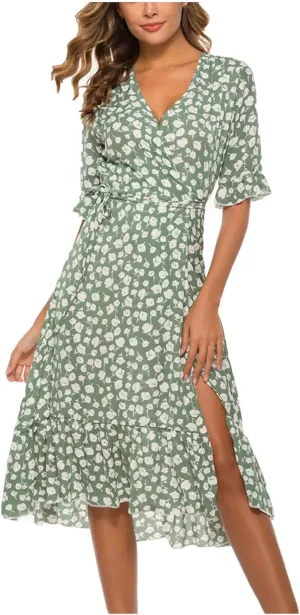 Womens Bohemian Floral Midi Dresses Short Sleeve V Neck Casual Ruffle Dress Side Split Dresses Summer Beach Vacation Outfits