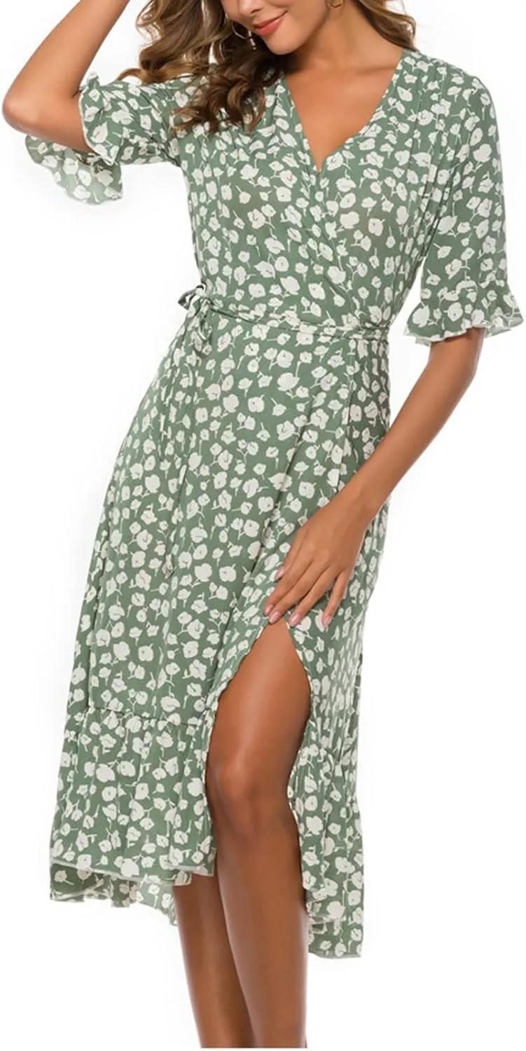 Womens Bohemian Floral Midi Dresses Short Sleeve V Neck Casual Ruffle Dress Side Split Dresses Summer Beach Vacation Outfits