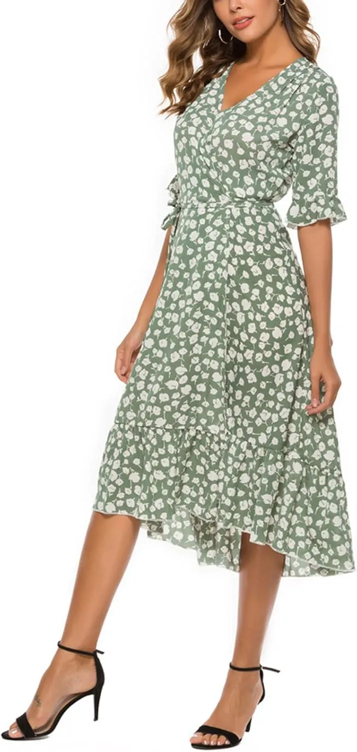 Womens Bohemian Floral Midi Dresses Short Sleeve V Neck Casual Ruffle Dress Side Split Dresses Summer Beach Vacation Outfits