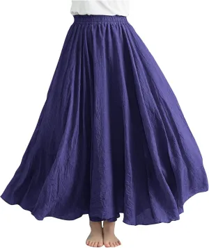 Women's Bohemian Style Elastic Waist Band Linen Long Maxi Skirt Dress Casual Summer Baggy A-Line Flowy Swing Skirts