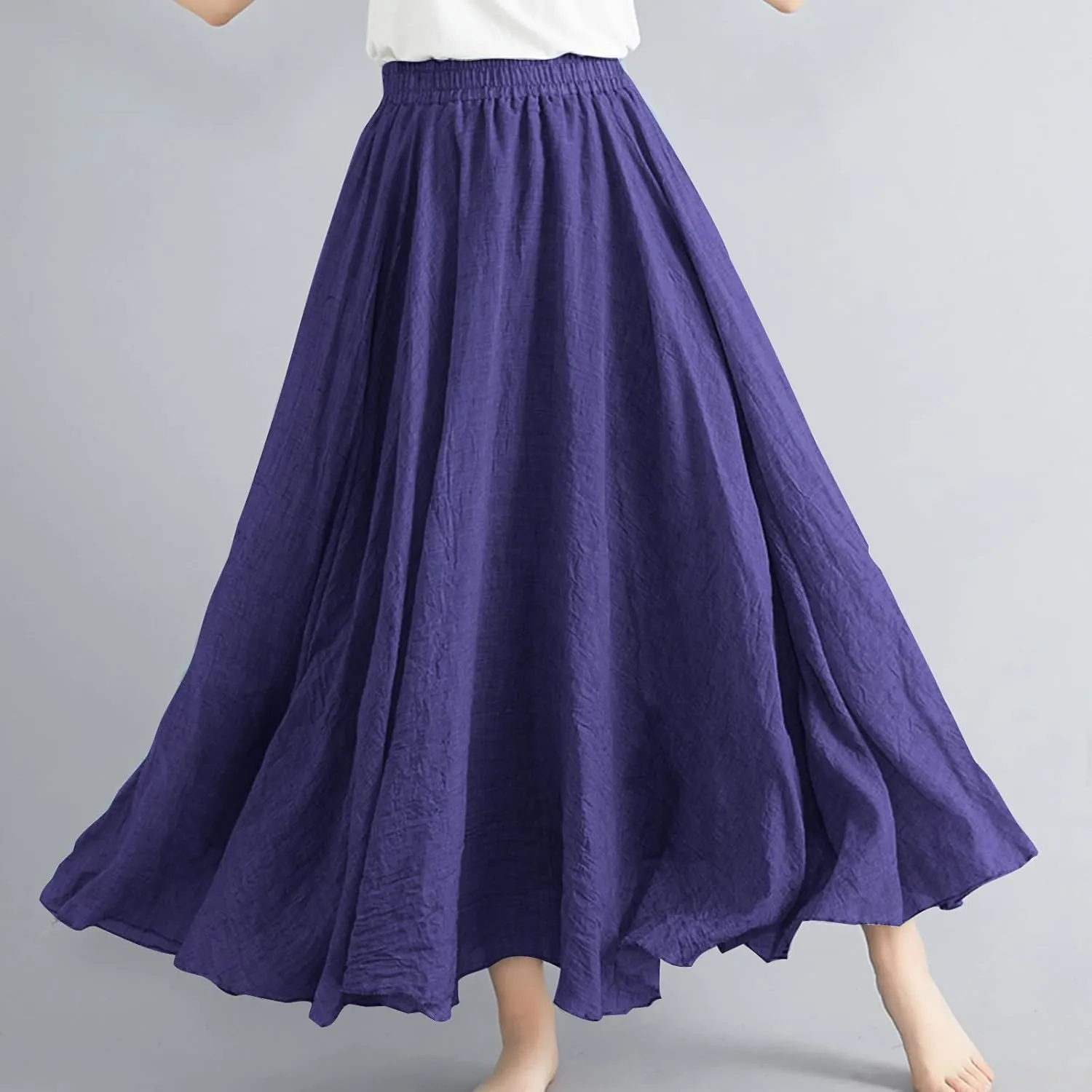 Women's Bohemian Style Elastic Waist Band Linen Long Maxi Skirt Dress Casual Summer Baggy A-Line Flowy Swing Skirts