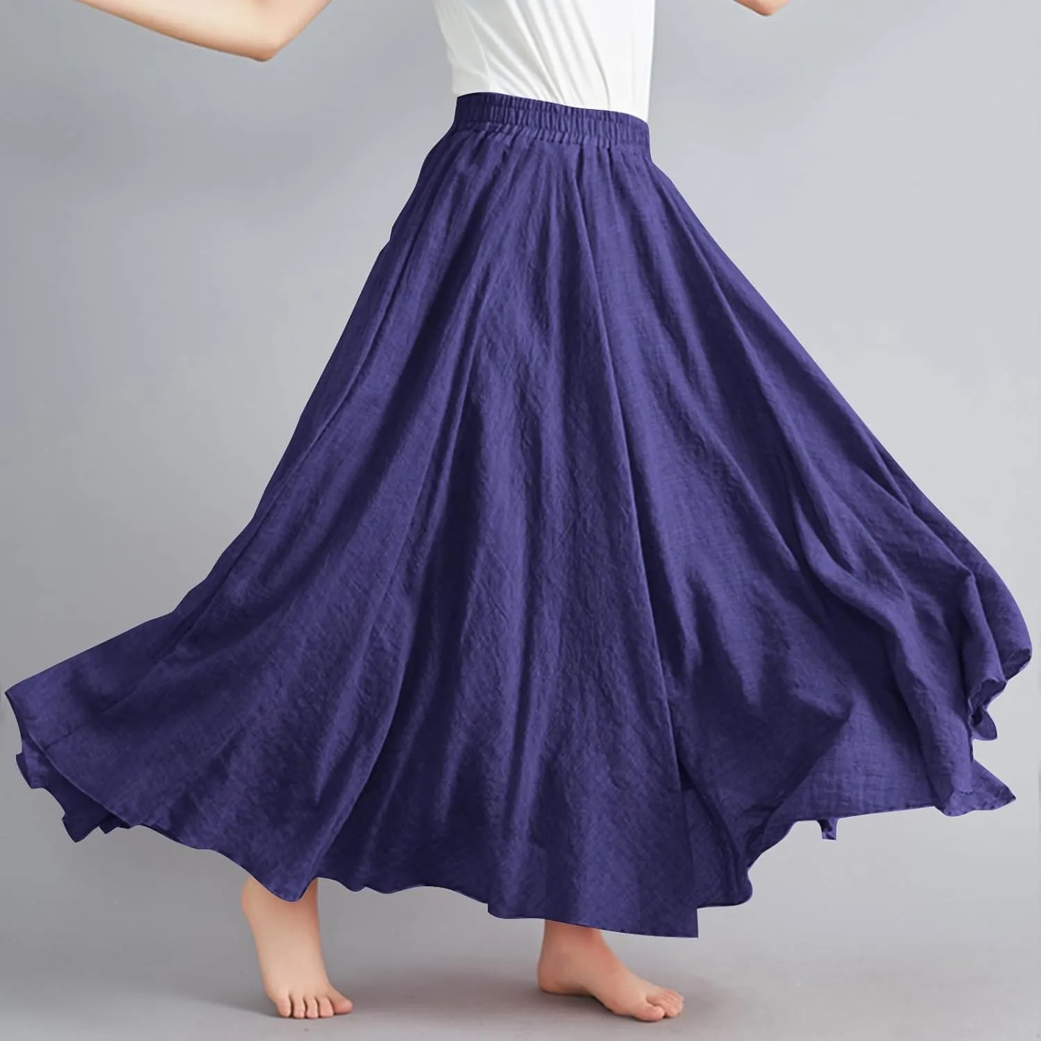 Women's Bohemian Style Elastic Waist Band Linen Long Maxi Skirt Dress Casual Summer Baggy A-Line Flowy Swing Skirts