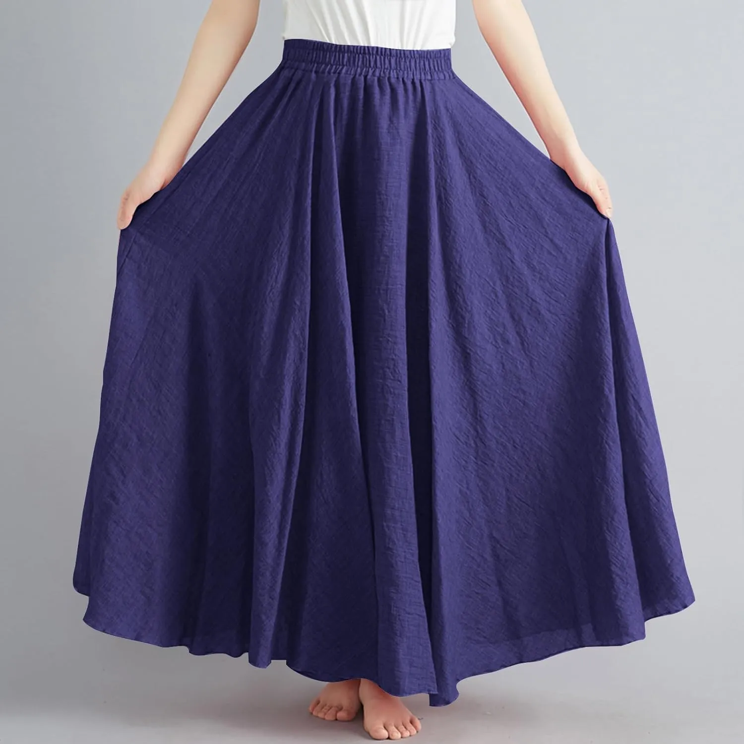 Women's Bohemian Style Elastic Waist Band Linen Long Maxi Skirt Dress Casual Summer Baggy A-Line Flowy Swing Skirts