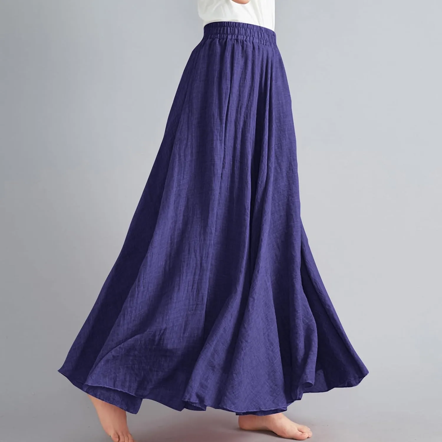 Women's Bohemian Style Elastic Waist Band Linen Long Maxi Skirt Dress Casual Summer Baggy A-Line Flowy Swing Skirts