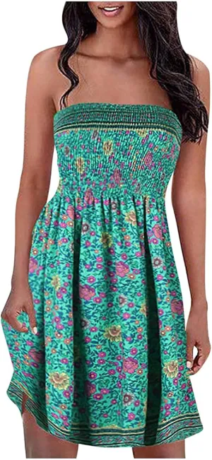 Womens Bohemian Tube Smocked Dress Off Shoulder Strapless Backless Ruffle Floral Beach Mini Dress (Color : Green1, Size : X-Large)