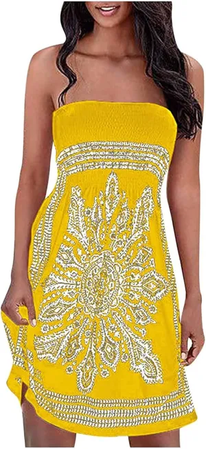 Womens Bohemian Tube Smocked Dress Off Shoulder Strapless Backless Ruffle Floral Beach Mini Dress (Color : Yellow, Size : XX-Large)