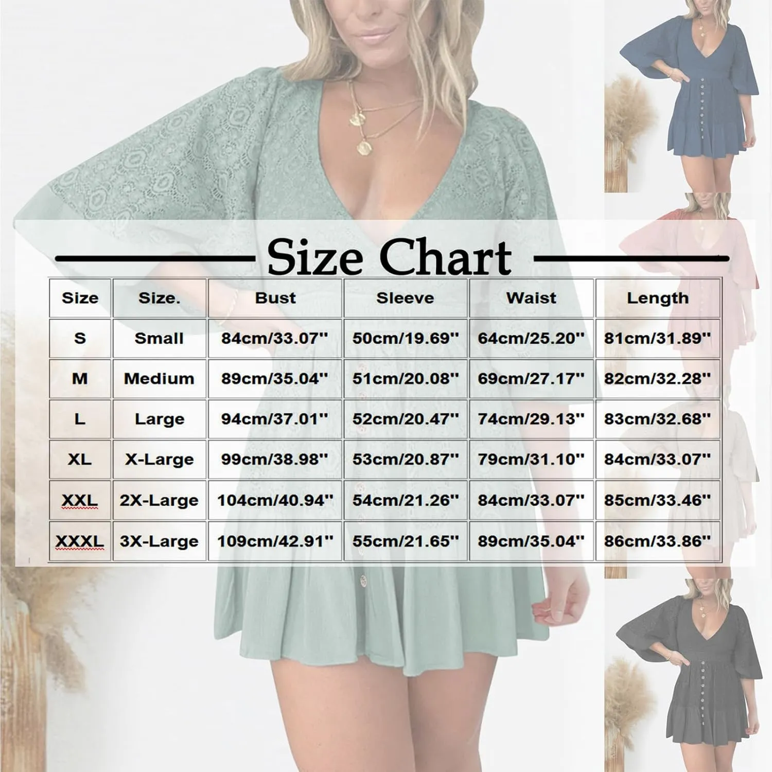 Womens Boho Babydoll Mini Dresses Sexy Plunge Resort Vacation Outfits Ruffle Summer Lace Eyelet Flare Sleeve Dress
