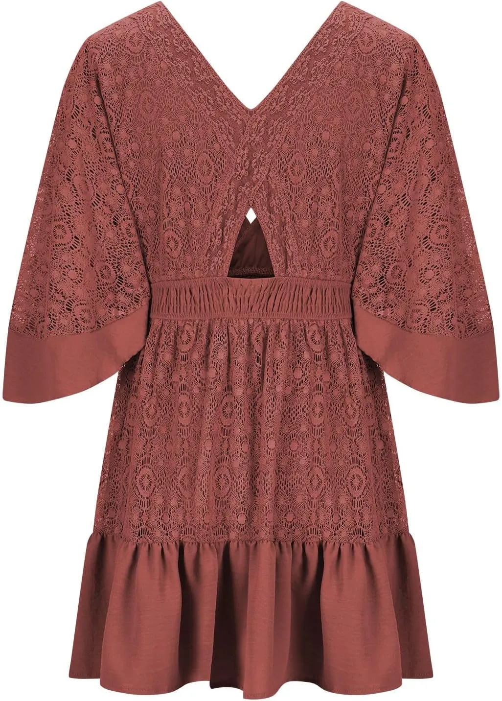Womens Boho Babydoll Mini Dresses Sexy Plunge Resort Vacation Outfits Ruffle Summer Lace Eyelet Flare Sleeve Dress