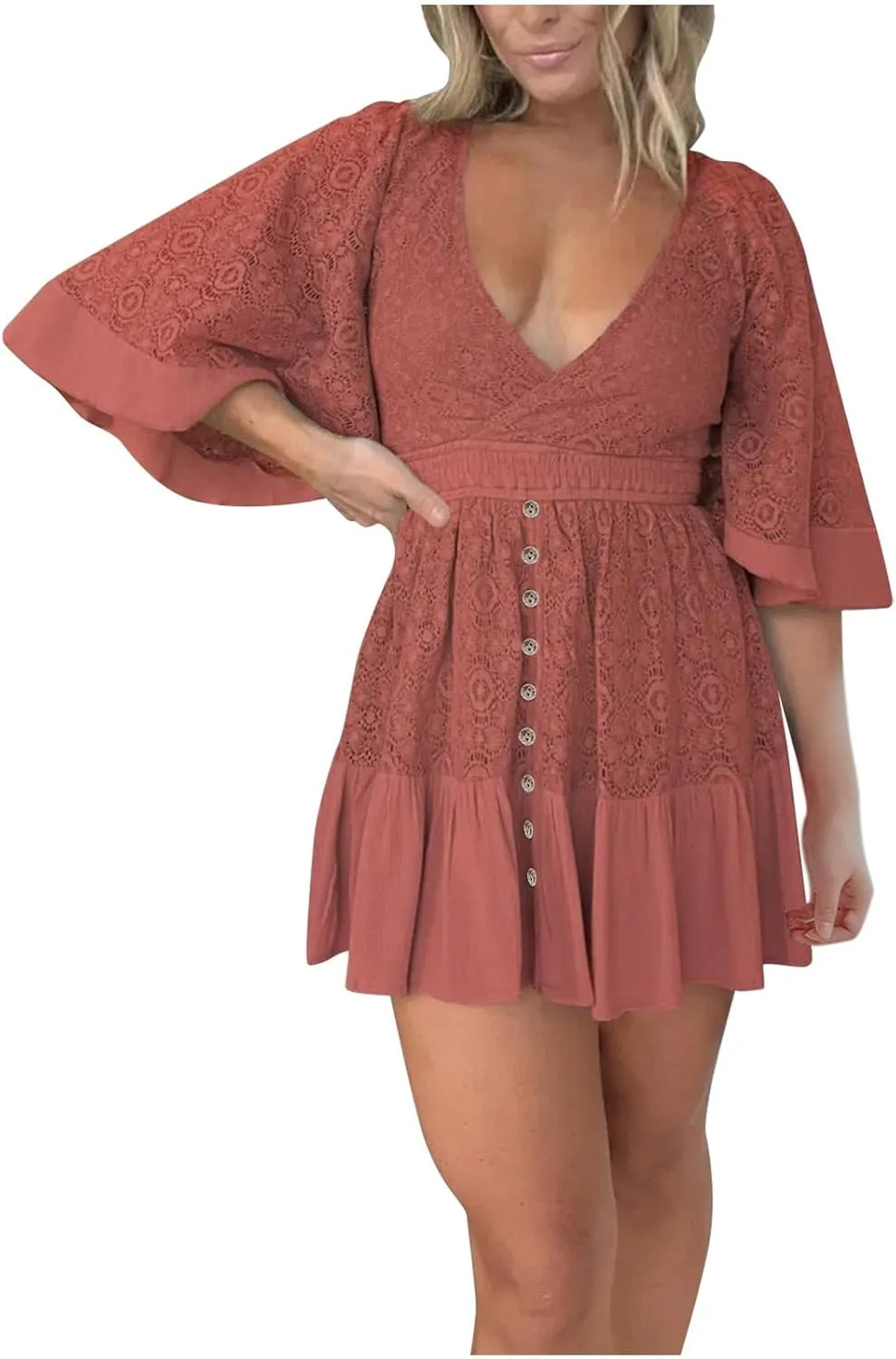 Womens Boho Babydoll Mini Dresses Sexy Plunge Resort Vacation Outfits Ruffle Summer Lace Eyelet Flare Sleeve Dress