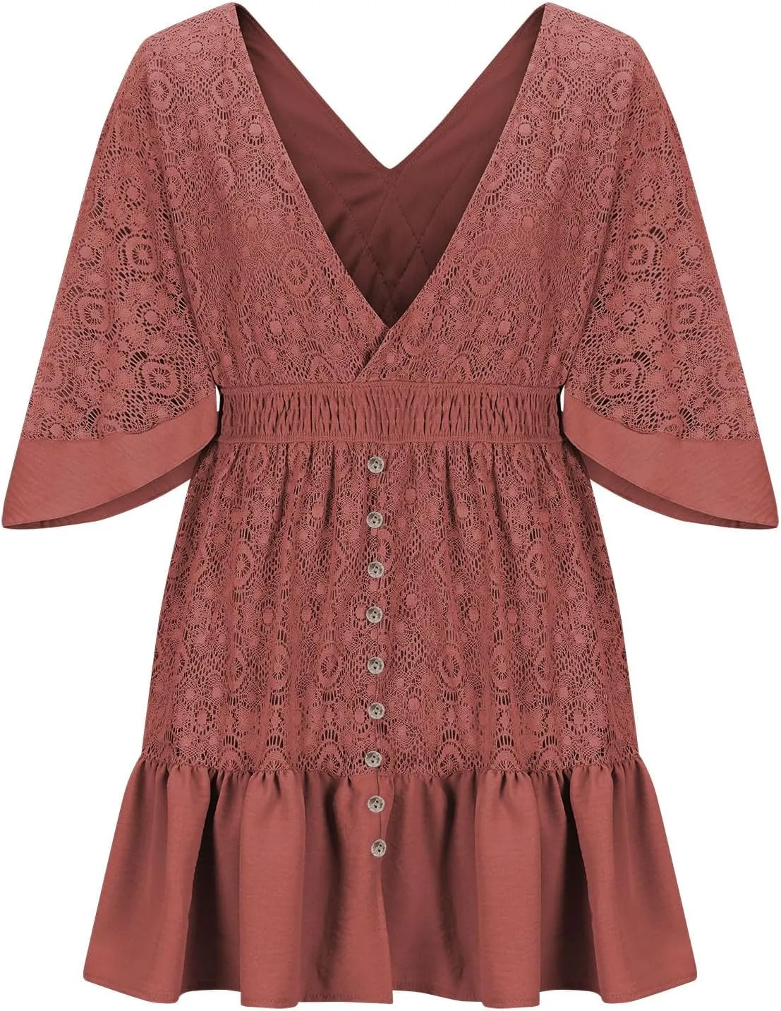 Womens Boho Babydoll Mini Dresses Sexy Plunge Resort Vacation Outfits Ruffle Summer Lace Eyelet Flare Sleeve Dress