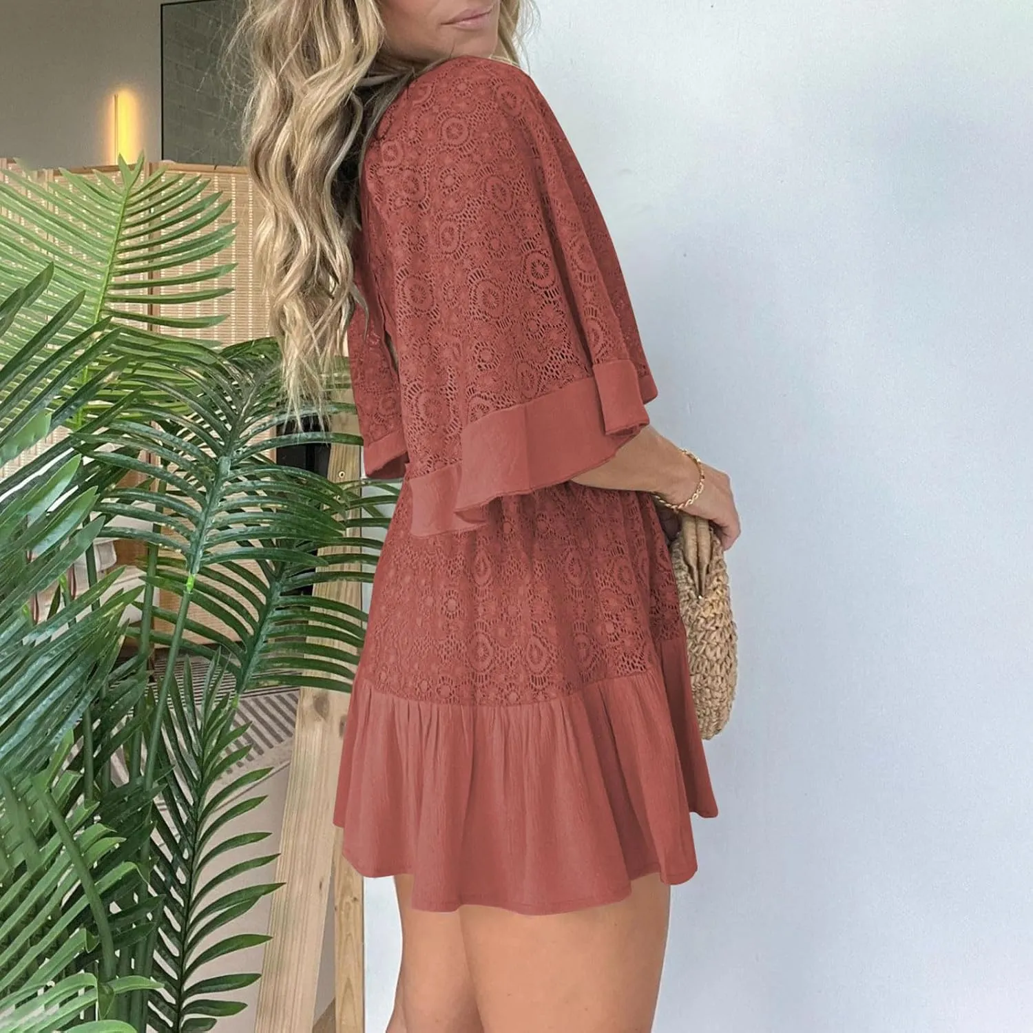 Womens Boho Babydoll Mini Dresses Sexy Plunge Resort Vacation Outfits Ruffle Summer Lace Eyelet Flare Sleeve Dress