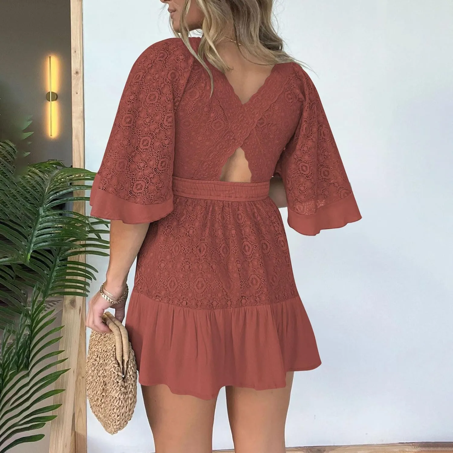 Womens Boho Babydoll Mini Dresses Sexy Plunge Resort Vacation Outfits Ruffle Summer Lace Eyelet Flare Sleeve Dress