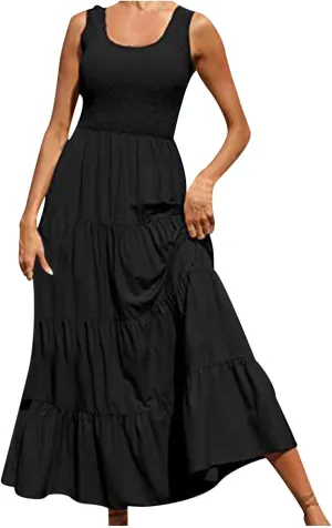 Womens Boho Dress Sleeveless U Neck Ruffle Hem A Line Dress Flowy Sleeveless Smocked Tiered Layered Maxi Dresses