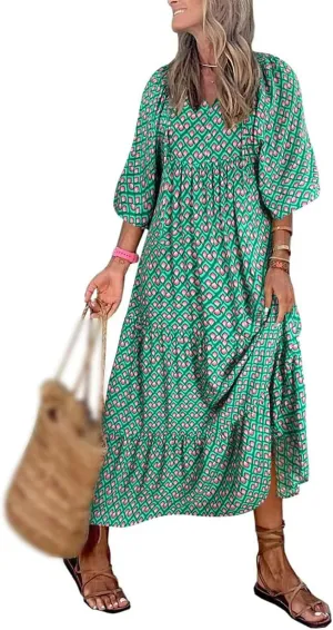 Womens Boho Dress Summer Casual Tie Front Deep V Neck A Line Midi Dress Floral Flowy Swing Long Beach Dresses
