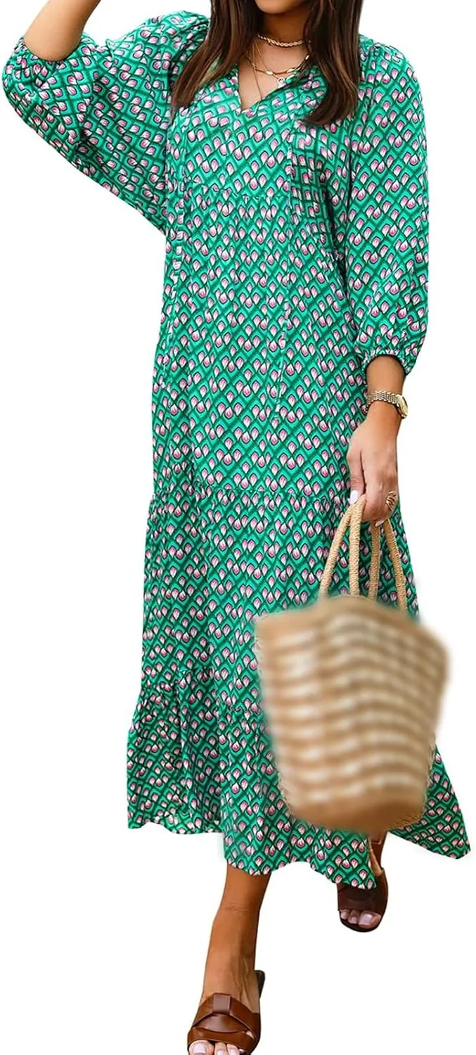 Womens Boho Dress Summer Casual Tie Front Deep V Neck A Line Midi Dress Floral Flowy Swing Long Beach Dresses