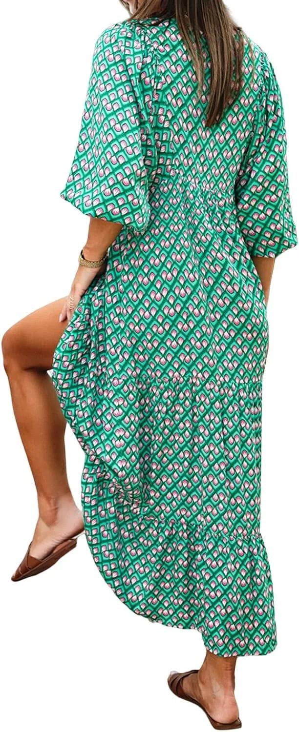 Womens Boho Dress Summer Casual Tie Front Deep V Neck A Line Midi Dress Floral Flowy Swing Long Beach Dresses