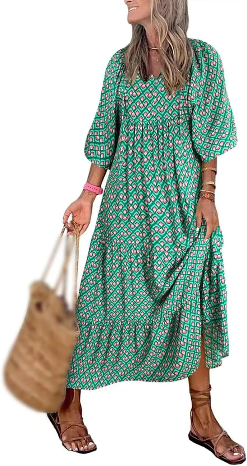 Womens Boho Dress Summer Casual Tie Front Deep V Neck A Line Midi Dress Floral Flowy Swing Long Beach Dresses