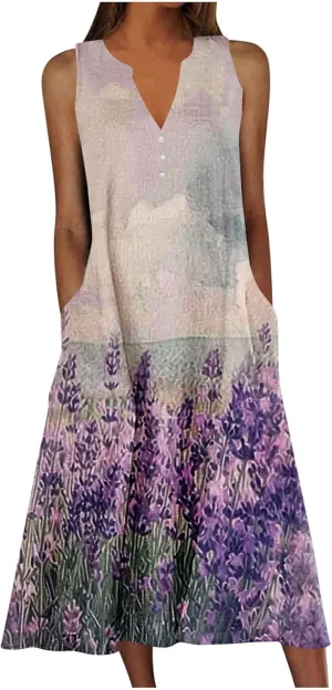 Womens Boho Floral Dresses Summer Casual Vacation Beach Dress V Neck A-Line Sundress Plus Size Long Dress with Pocket