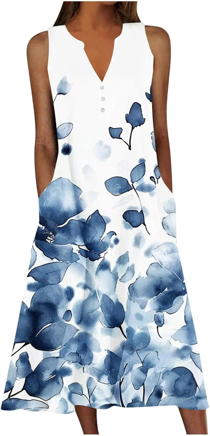 Womens Boho Floral Dresses Summer Casual Vacation Beach Dress V Neck A-Line Sundress Plus Size Long Dress with Pocket