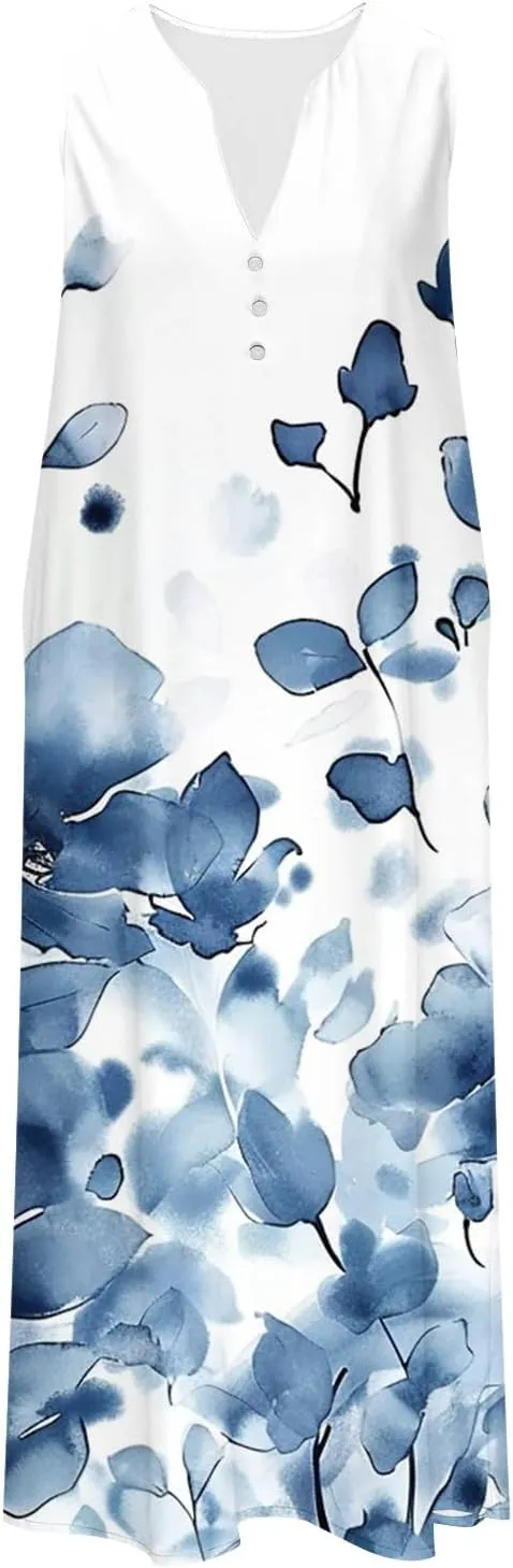 Womens Boho Floral Dresses Summer Casual Vacation Beach Dress V Neck A-Line Sundress Plus Size Long Dress with Pocket