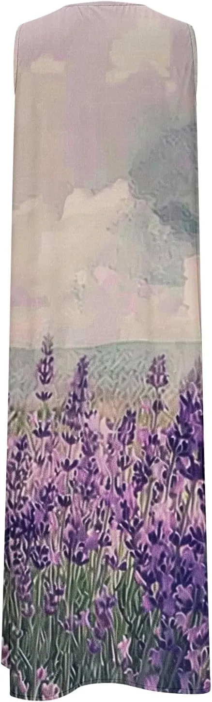 Womens Boho Floral Dresses Summer Casual Vacation Beach Dress V Neck A-Line Sundress Plus Size Long Dress with Pocket