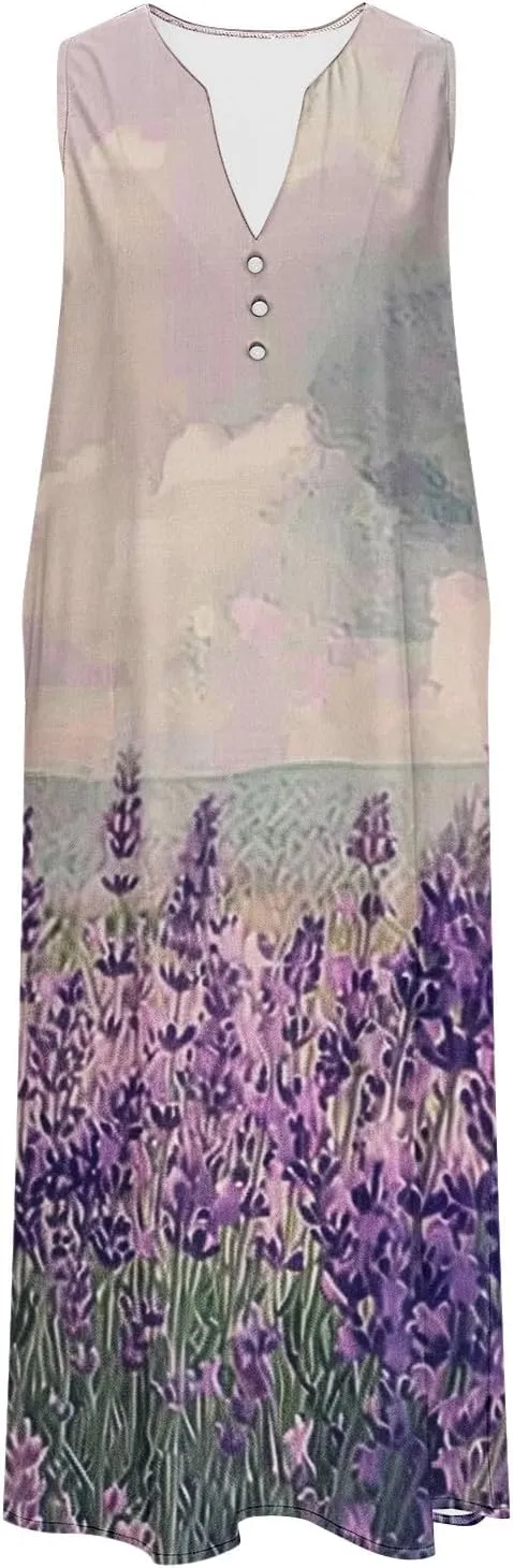 Womens Boho Floral Dresses Summer Casual Vacation Beach Dress V Neck A-Line Sundress Plus Size Long Dress with Pocket