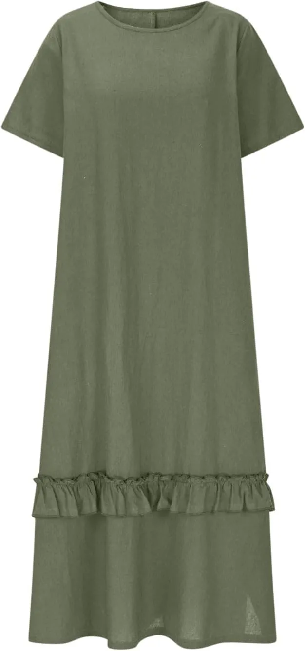 Womens Boho Floral Flowy Midi Dresses Casual Loose Summer Short Sleeve Beach Dress with Pockets Side Slit Spring Clothes 2025